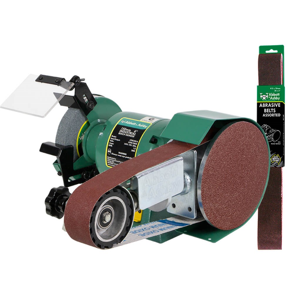 6" Bench Grinder with Linishing Attachment & Pack of 5 x Linishing Belts
