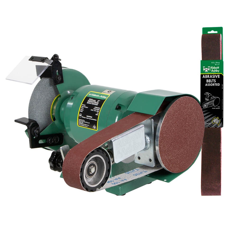 8" Bench Grinder with Linishing Attachment & Pack of 5 x Linishing Belts