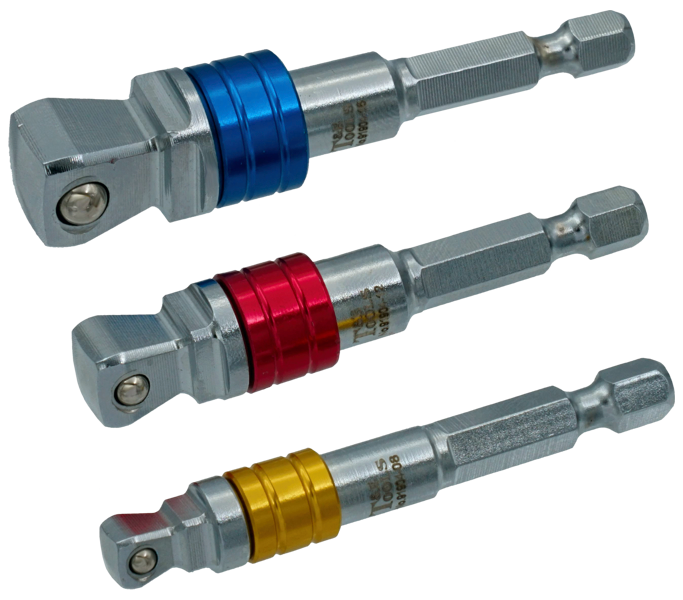 [159-91904] 3 Piece 1/4",3/8",1/2" Wobble Sq.Drive to 1/4"Hex Adaptor Set