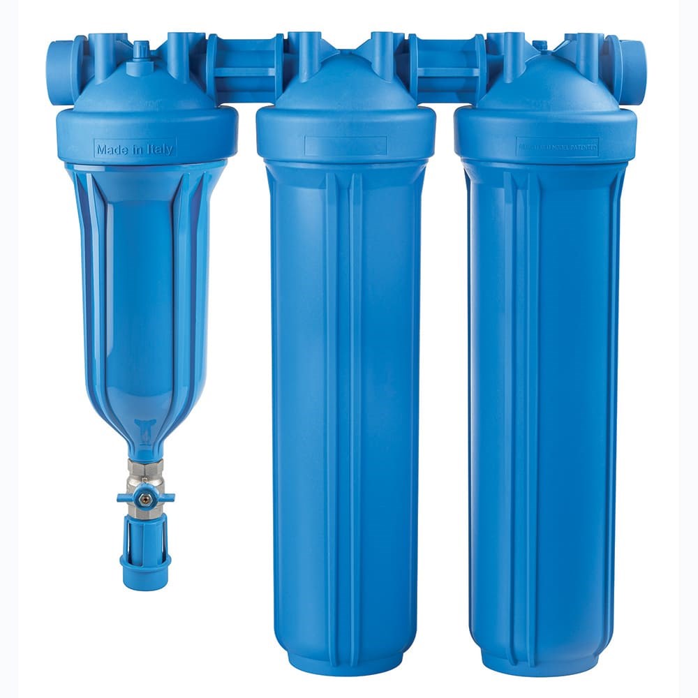 [160-ATF-HYDRABIGTRIO20BLUERAH1.5IN] Hydra Blue TRIO 10" BIG Blue Self Cleaning Coarse Sediment Filter & 2 x 20" Filter Housings