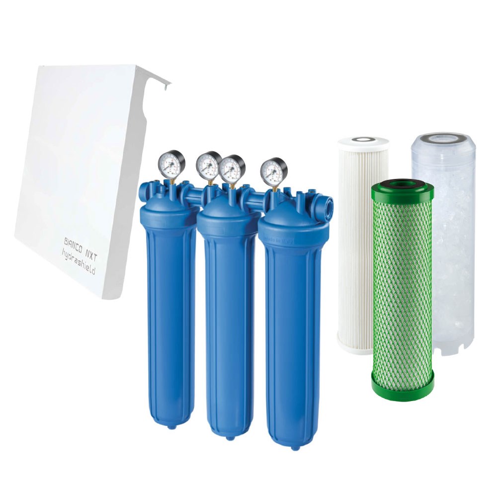 Atlas Filtri Whole House POLY TRIO Kit Inc. Polyphosphate 5Mic Carbon & 10Mic Pleated Cartridges