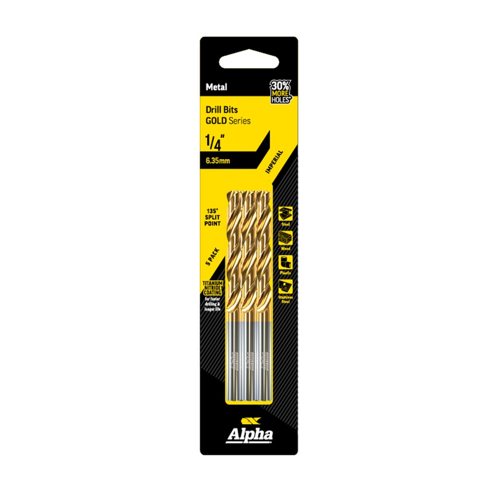 1/4 Inch (6.35mm) Jobber Drill Bit - Gold Series 5 pce Trade Pack
