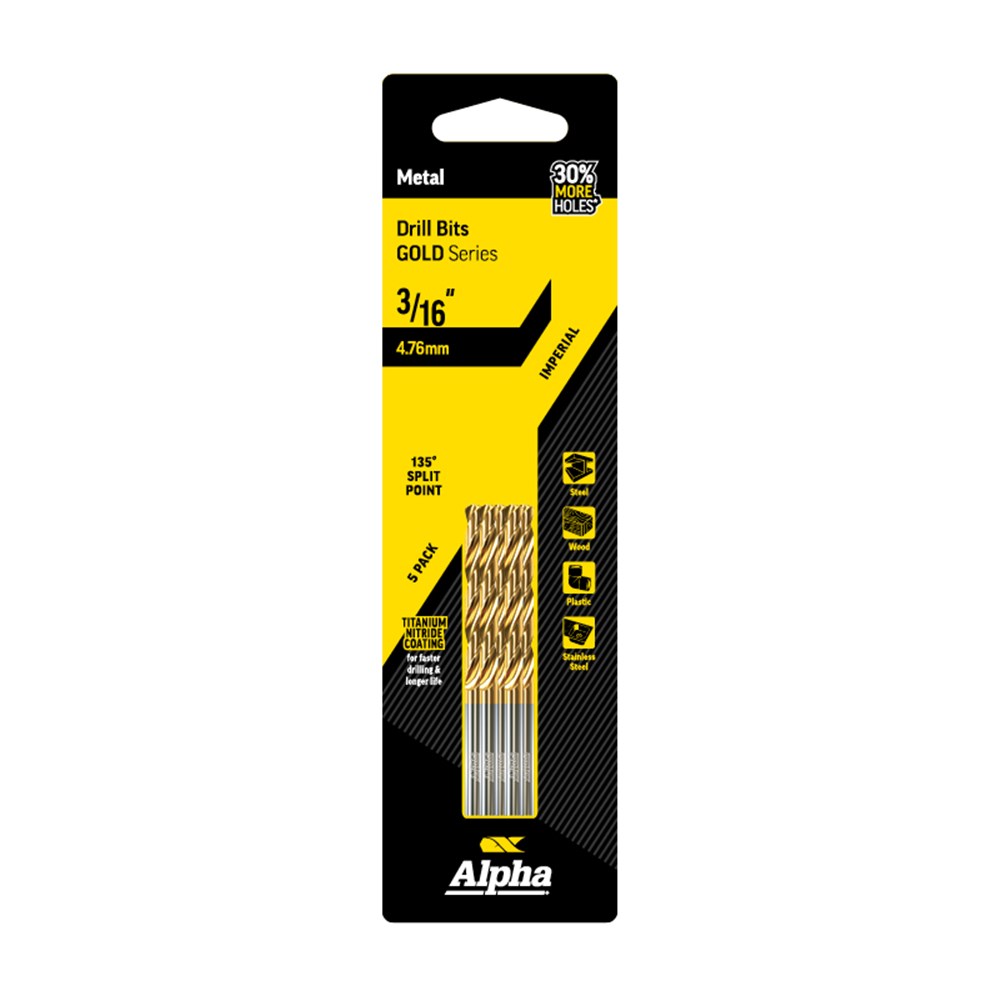 3/16 Inch (4.76mm) Jobber Drill Bit - Gold Series 5 pce Trade Pack