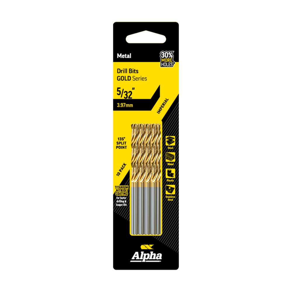 5/32 Inch (3.97mm) Jobber Drill Bit - Gold Series 10 pce Trade Pack