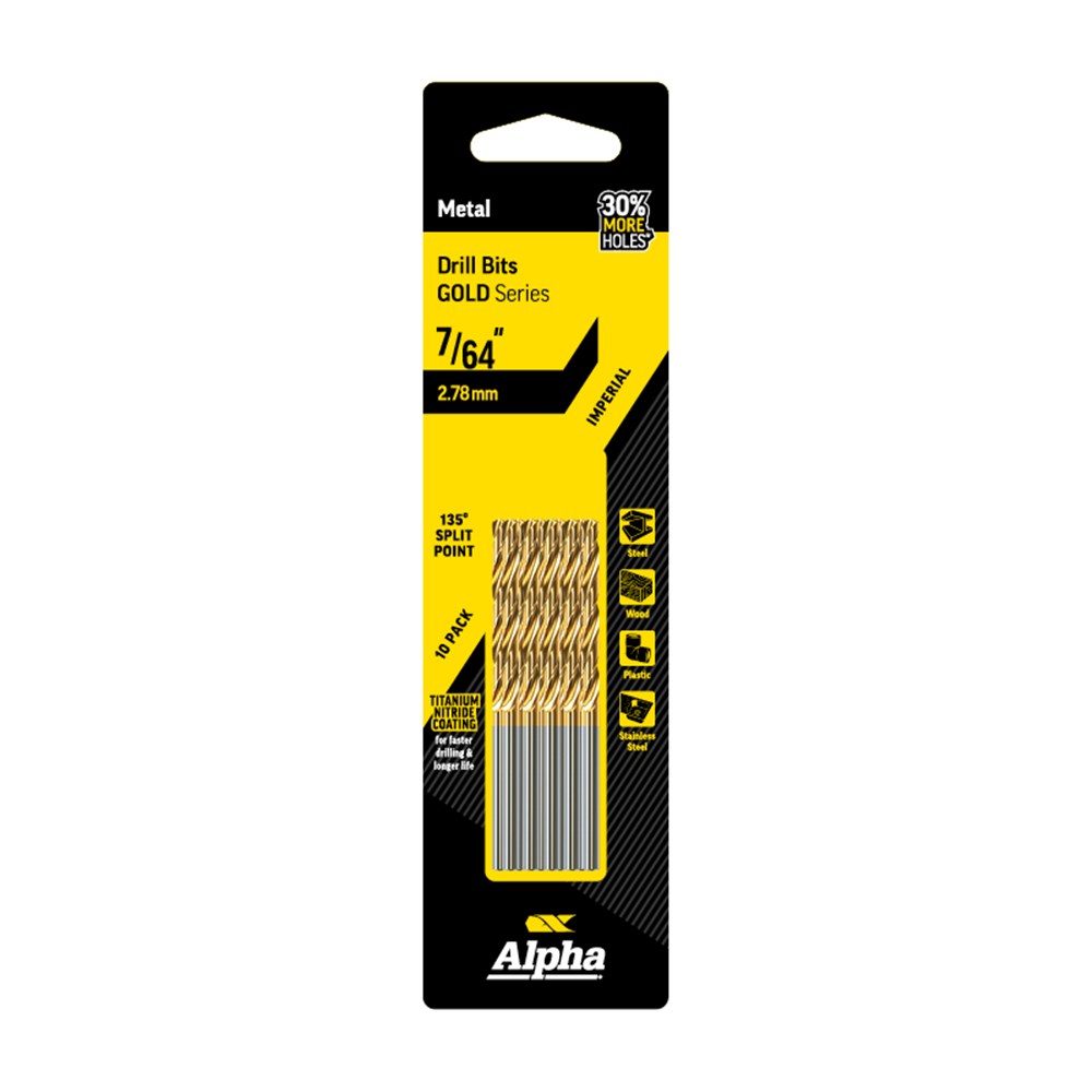 7/64 Inch (2.78mm) Jobber Drill Bit - Gold Series 10 pce Trade Pack
