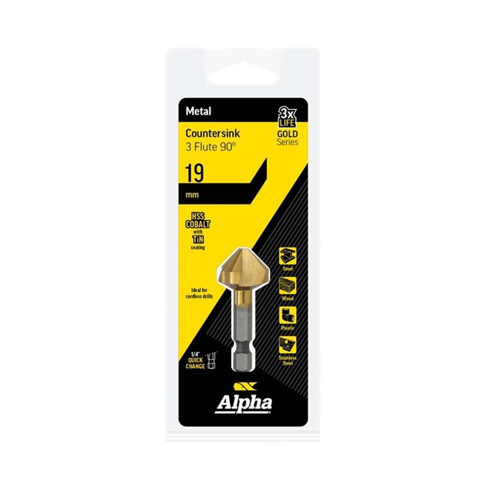 [170-CS3-19QR] Countersink 3 Flute 19mm TiN 1/4 Inch Hex Shank Carded