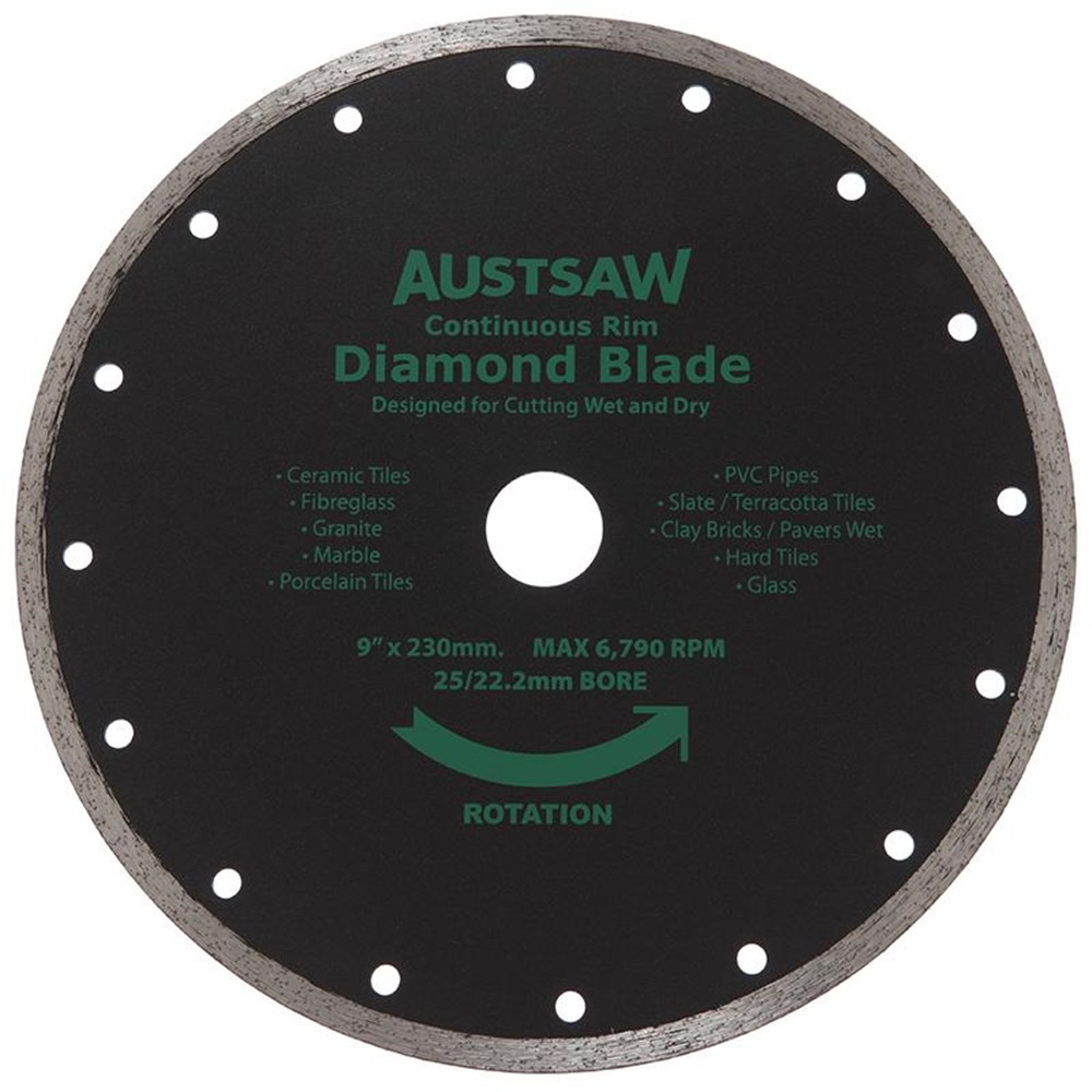 Austsaw - 230mm(9in) Diamond Blade Continuous Rim - 25/22.2mm Bore - Continuous
