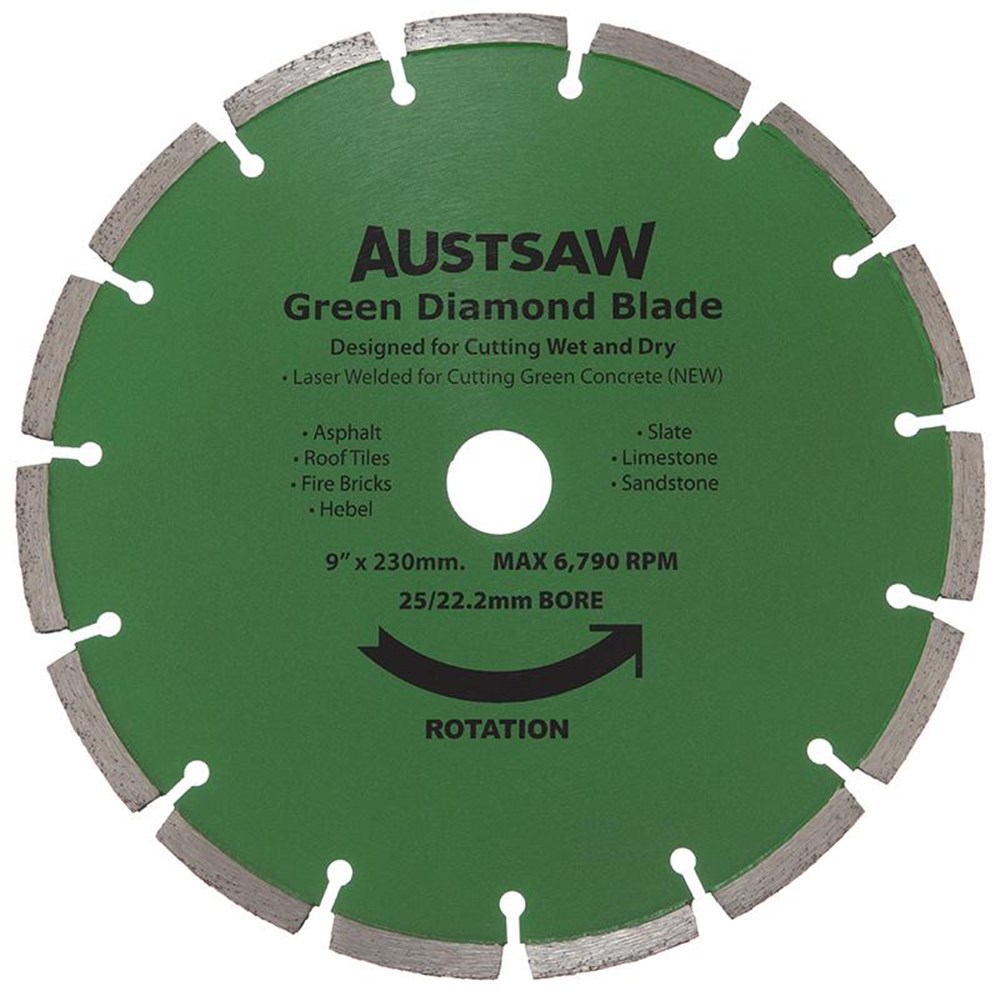 Austsaw - 230mm (9in) Diamond Blade Green Concrete - 25/22.2mm Bore - Green Concrete