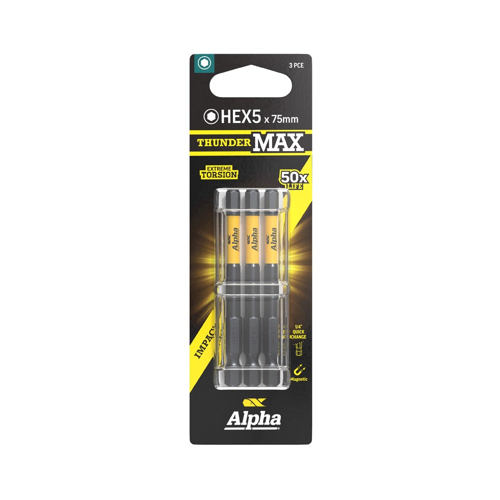 ThunderMax HEX5 x 75mm Impact Power Bit Carded | 3 Pack