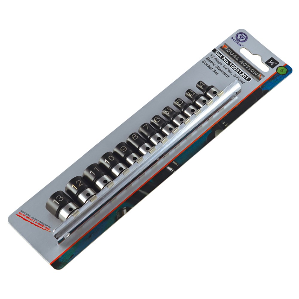 12 Piece 1/4 Inch Drive 6-Point Metric, Standard Socket Set Dual Action