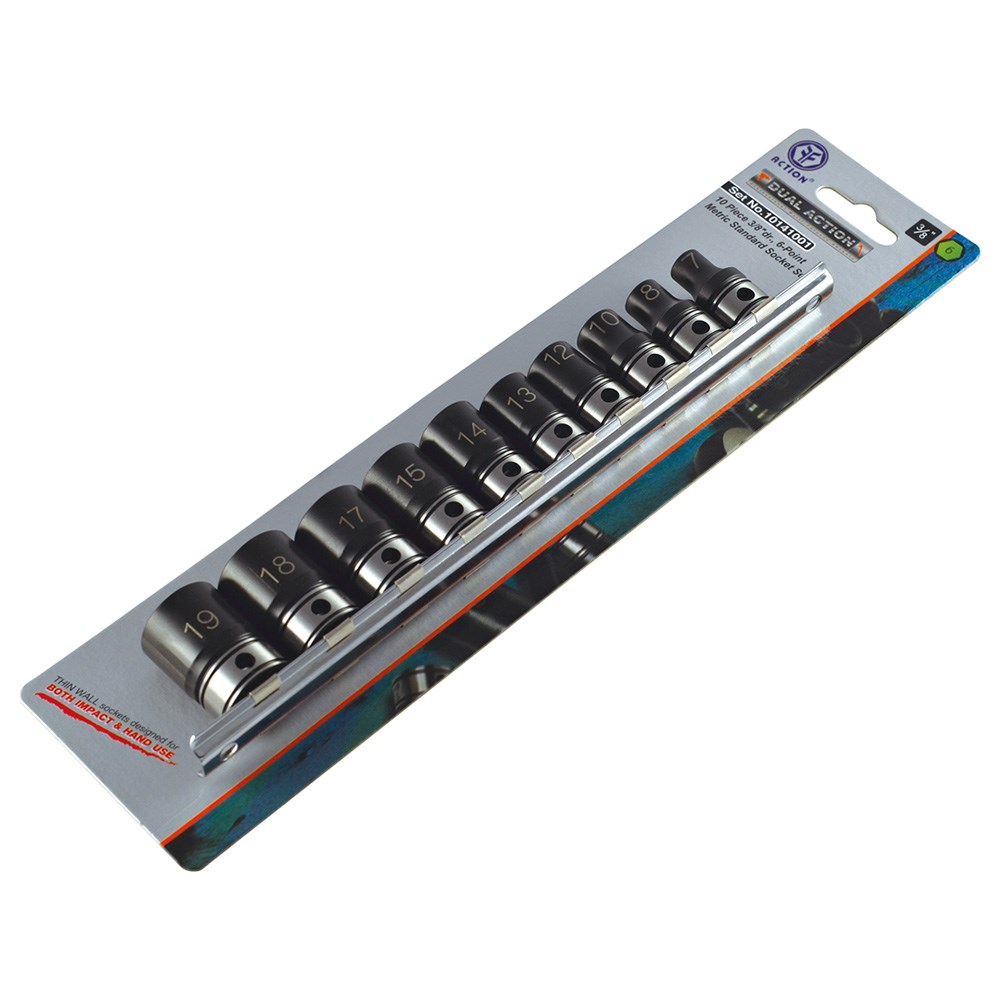 10 Piece 3/8 Inch Drive 6-Point Metric, Standard Socket Set Dual Action