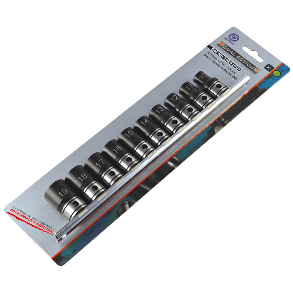 10 Piece 1/2 Inch Drive 6-Point Metric, Standard Socket Set Dual Action