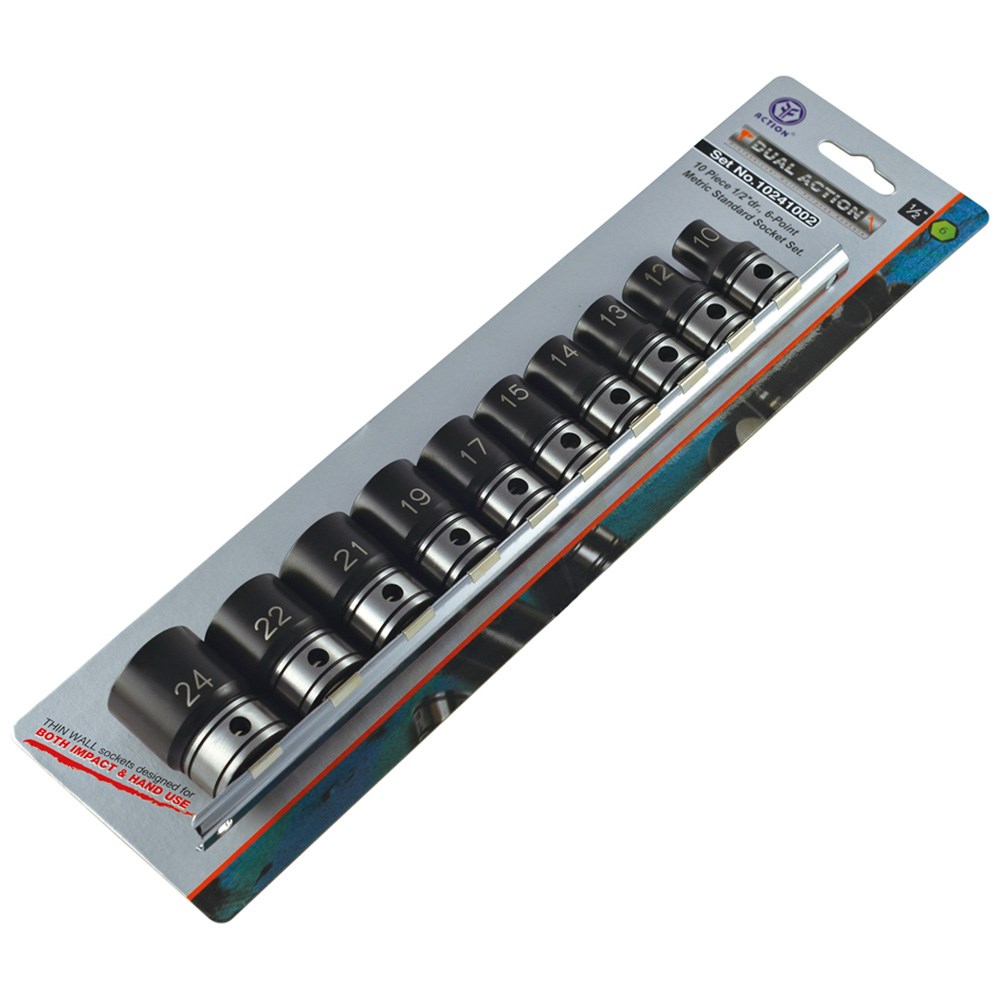 10 Piece 1/2 Inch Drive 6-Point Metric, Standard Socket Set Dual Action