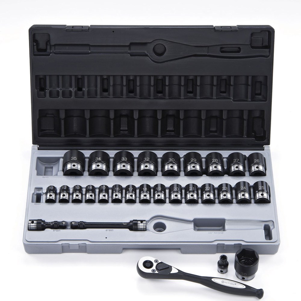 29 Piece 1/2 Inch Drive 6-Point Metric, Standard Socket Set Dual Action