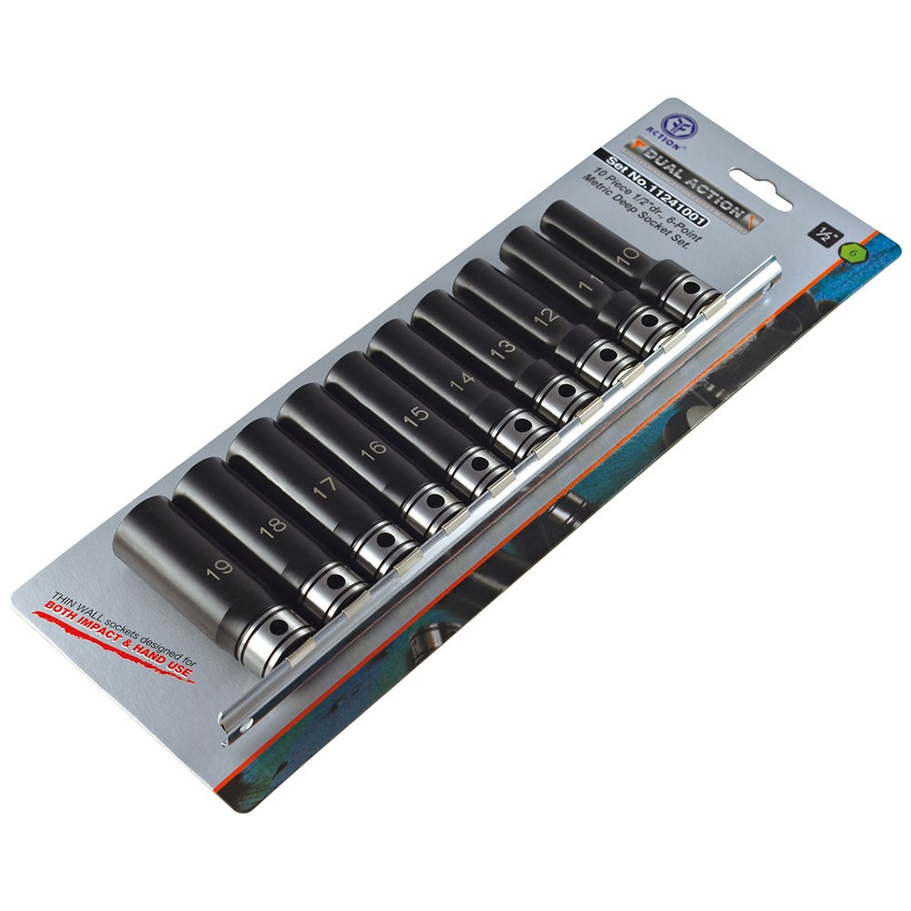 10 Piece 1/2 Inch Drive 6-Point Metric, Deep Socket Set Dual Action