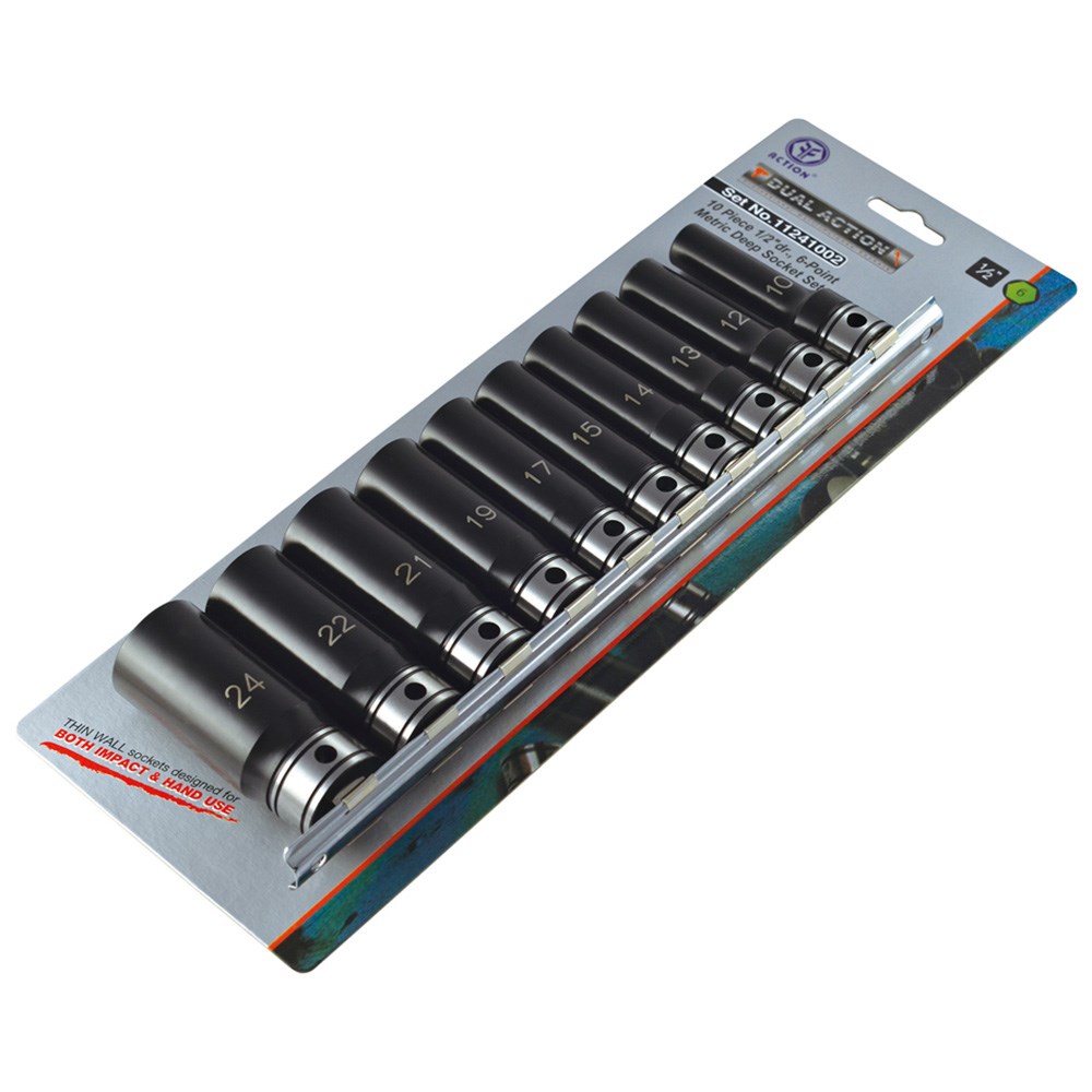 10 Piece 1/2 Drive 6-Point Metric, Deep Socket Set Dual Action