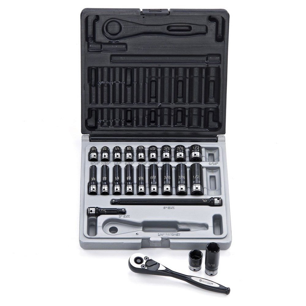 23 Piece 1/4 Inch Drive 6-Point Imperial, Standard Socket Set Dual Action