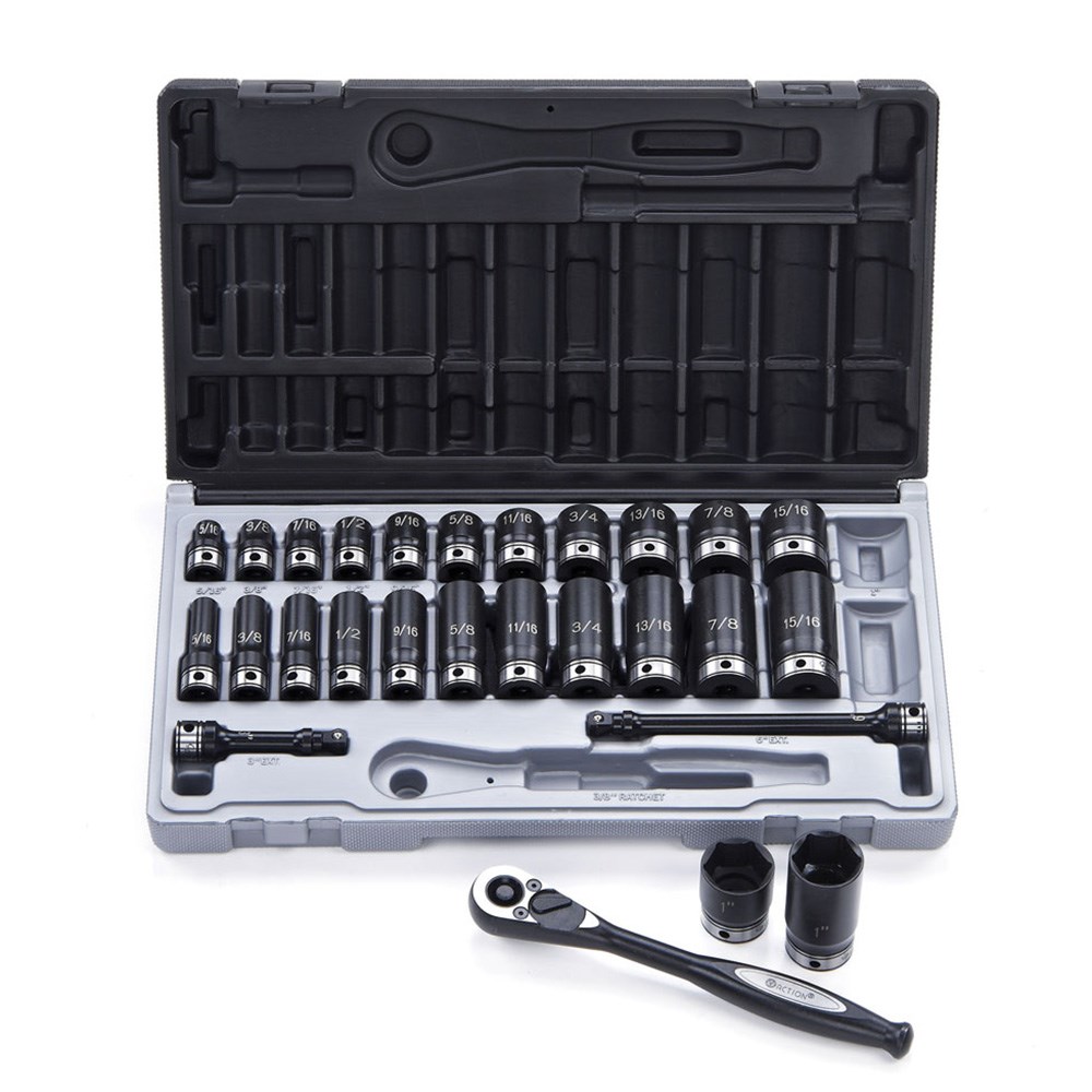 27 Piece 3/8 Inch Drive 6-Point Imperial, Standard & Deep Socket Set Dual Action