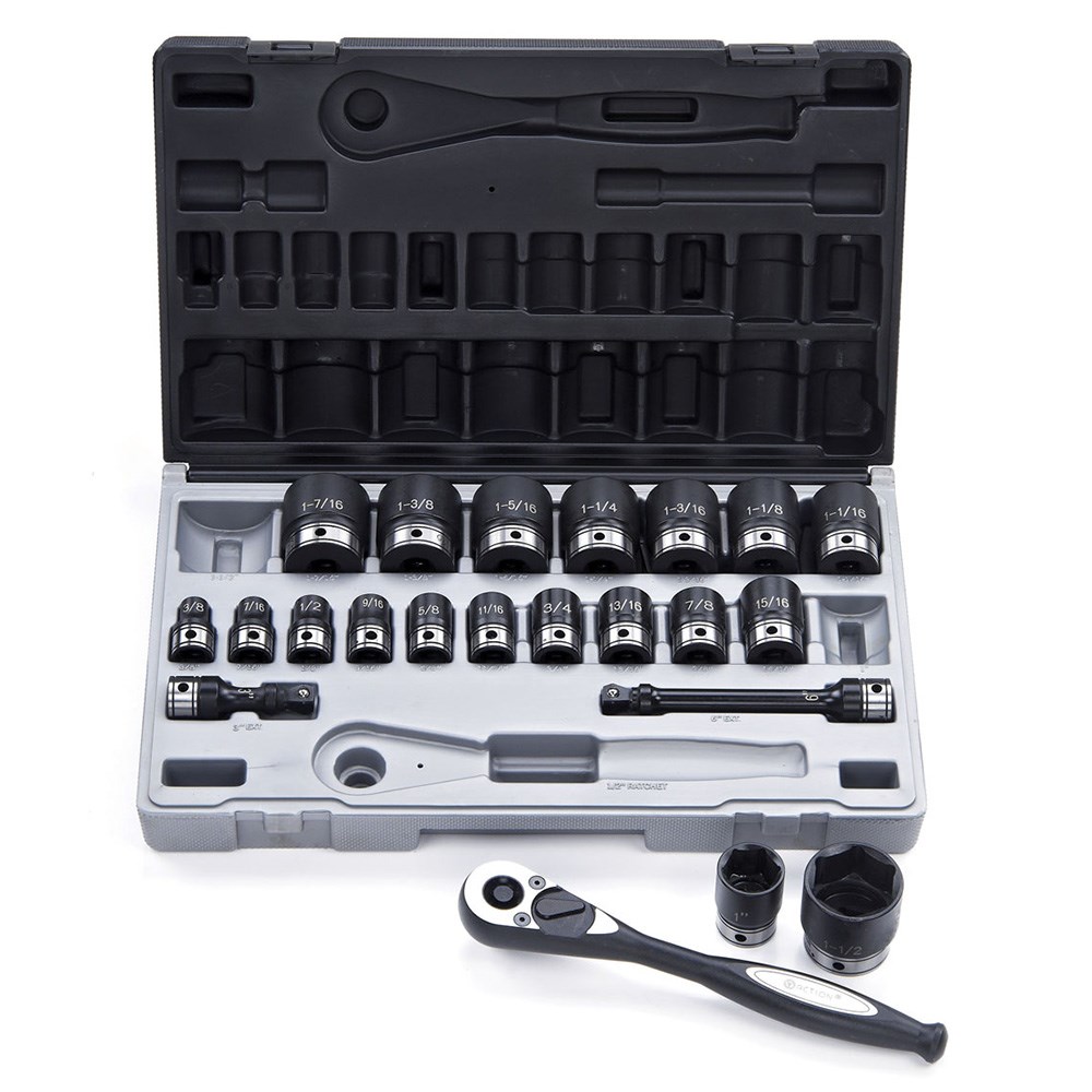 22 Piece 1/2 Inch Drive 6-Point Imperial, Standard Socket Set Dual Action
