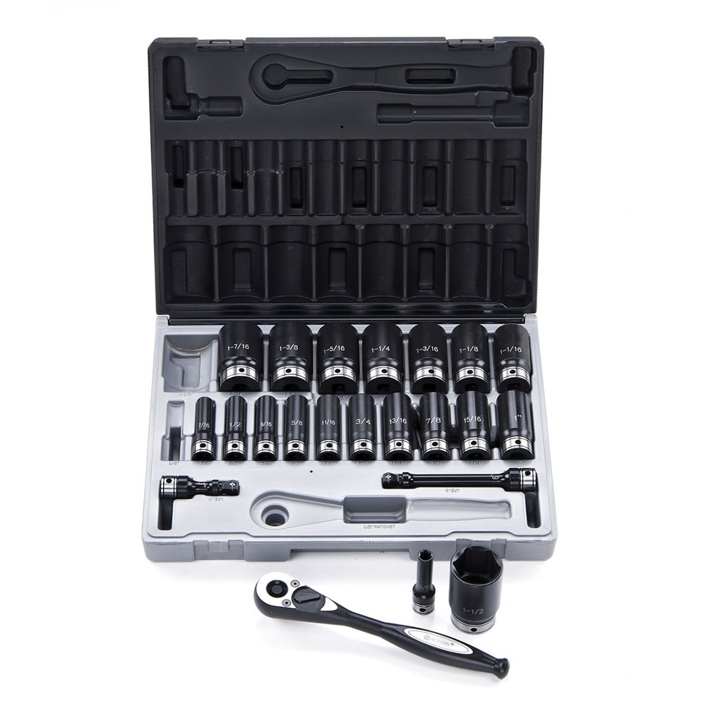 22 Piece 1/2 Inch Drive 6-Point Imperial, Deep Socket Set Dual Action