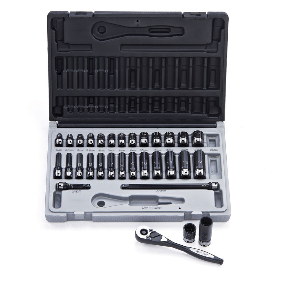 31 Piece 1/4 Inch Drive 12-Point Metric, Standard & Deep Socket Set Dual Action
