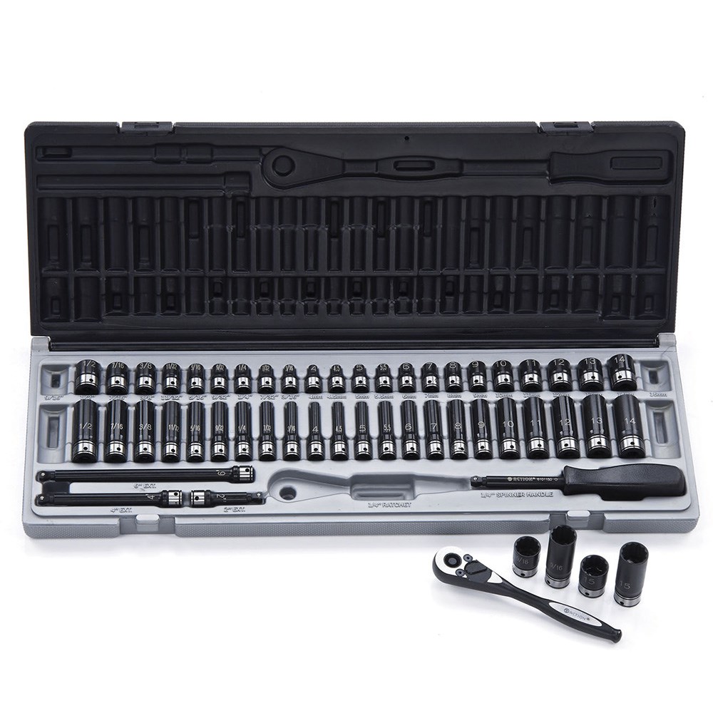 53 Piece 1/4 Inch Drive 12-Point Metric & Imperial, Standard & Deep Socket Set Dual Action