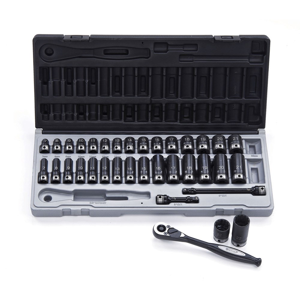 35 Piece 3/8 Inch Drive 12-Point Metric, Standard & Deep Socket Set Dual Action