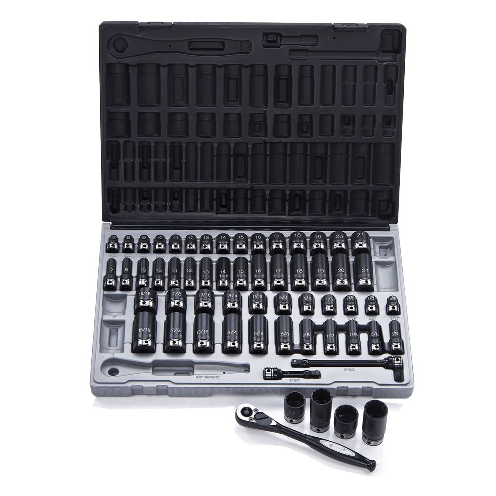 59 Piece 3/8 Inch Drive 12-Point Metric & Imperial, Standard & Deep Socket Set Dual Action