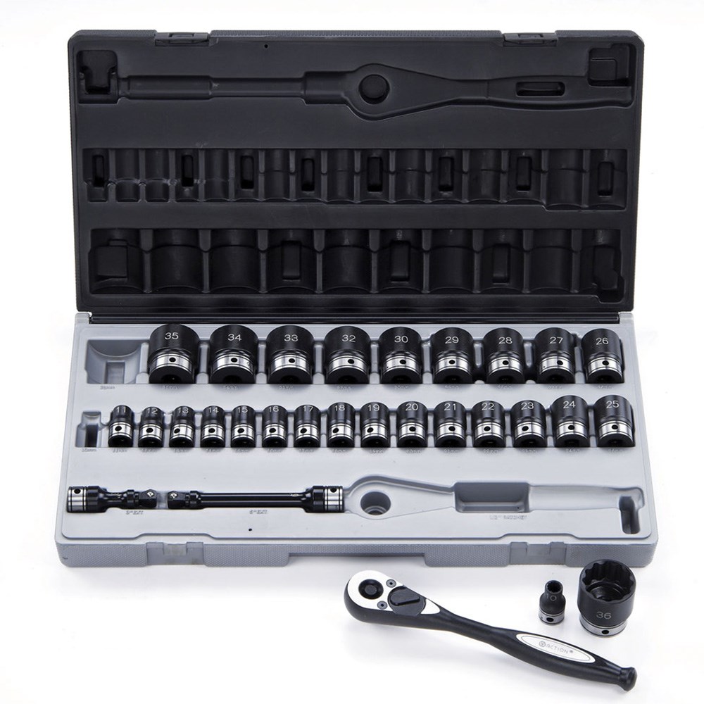 29 Piece 1/2 Inch Drive 12-Point Metric, Standard Socket Set Dual Action