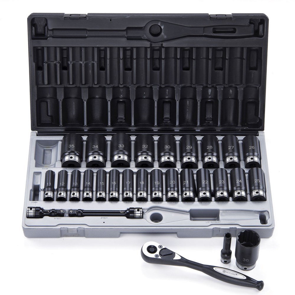 29 Piece 1/2 Inch Drive 12-Point Metric, Deep Socket Set Dual Action