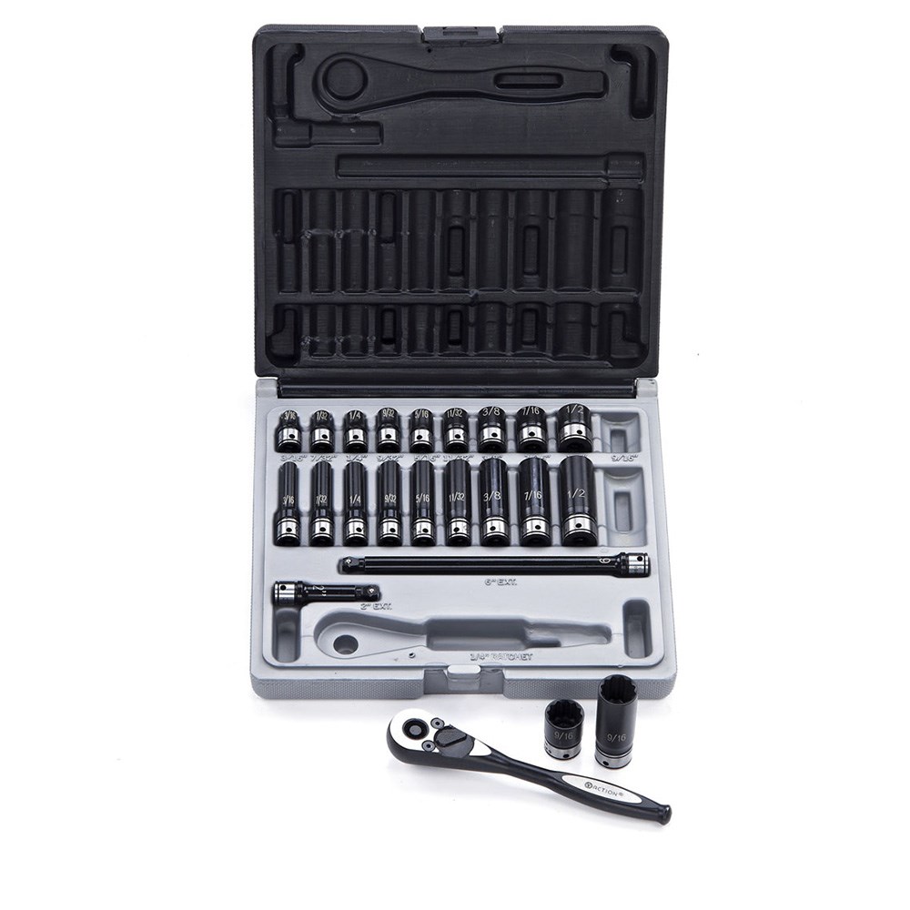 23 Piece 1/4 Drive 12-Point Imperial, Standard & Deep Socket Set Dual Action