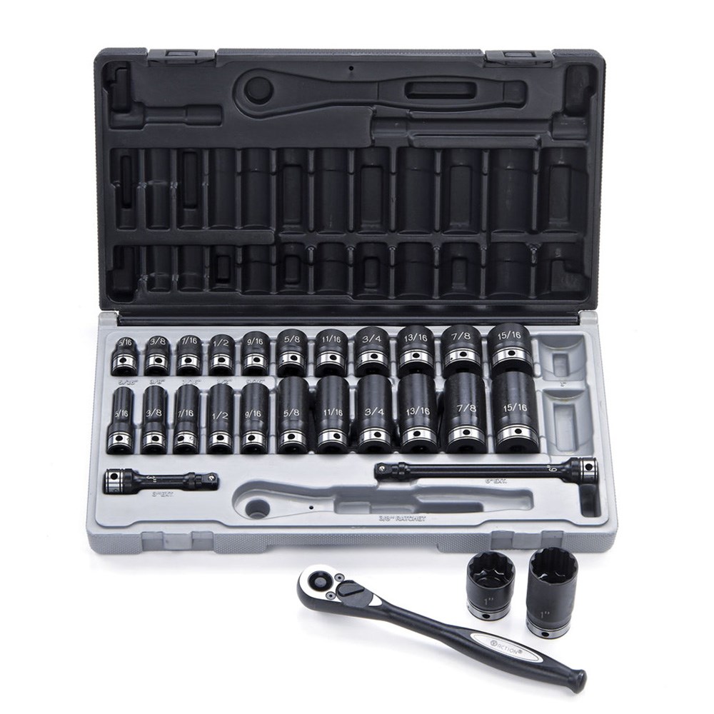 27 Piece 3/8 Inch Driveive 12-Point Imperial, Standard & Deep Socket Set Dual Action