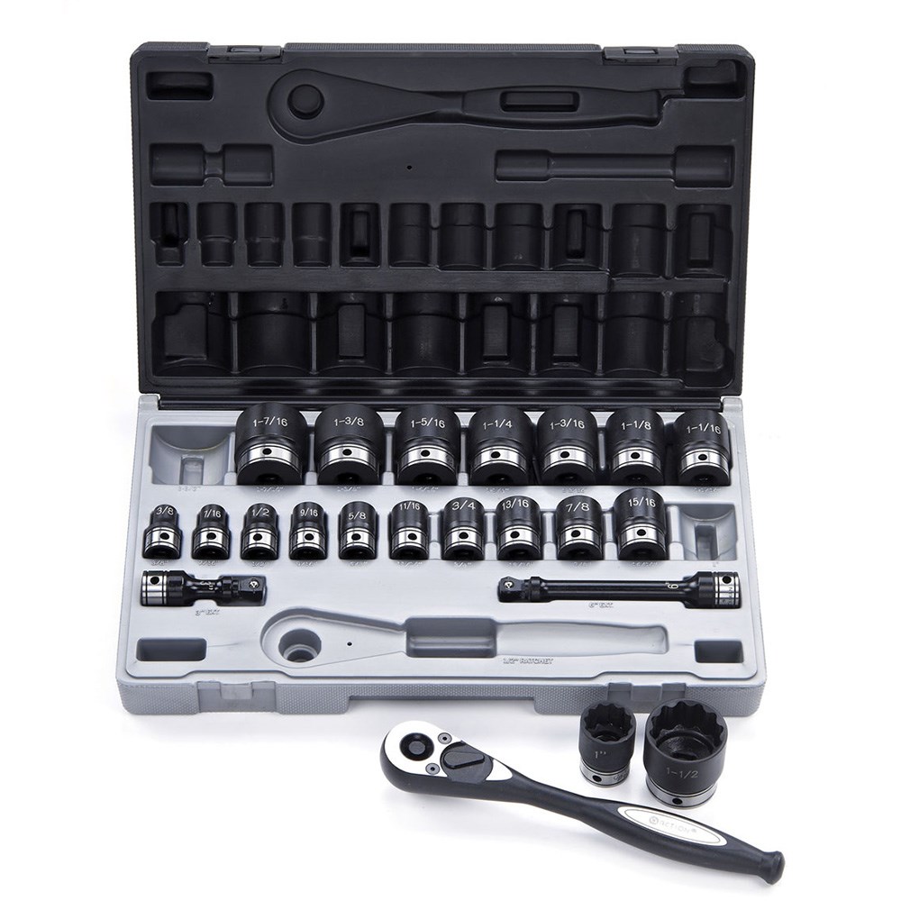 22 Piece 1/2 Inch Drive 12-Point Imperial, Standard Socket Set Dual Action