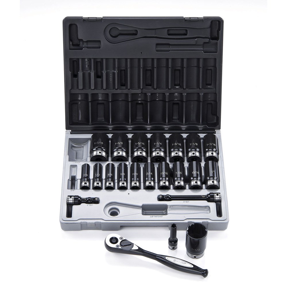 22 Piece 1/2 Inch Drive 12-Point Imperial, Deep Socket Set Dual Action