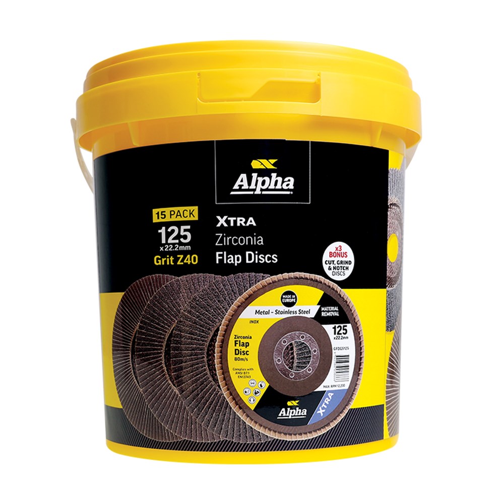 [170-GFDGS125-TUBZ40] Flap Disc 125mm Z40 Grit Zirconia Xtra Tub (Pk 15) Bonus GCGGS12535 x 3