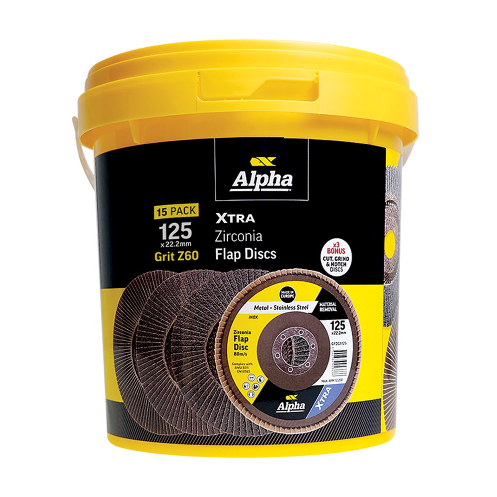 [170-GFDGS125-TUBZ60] Flap Disc 125mm Z60 Grit Zirconia Xtra Tub (Pk 15) Bonus GCGGS12535 x 3