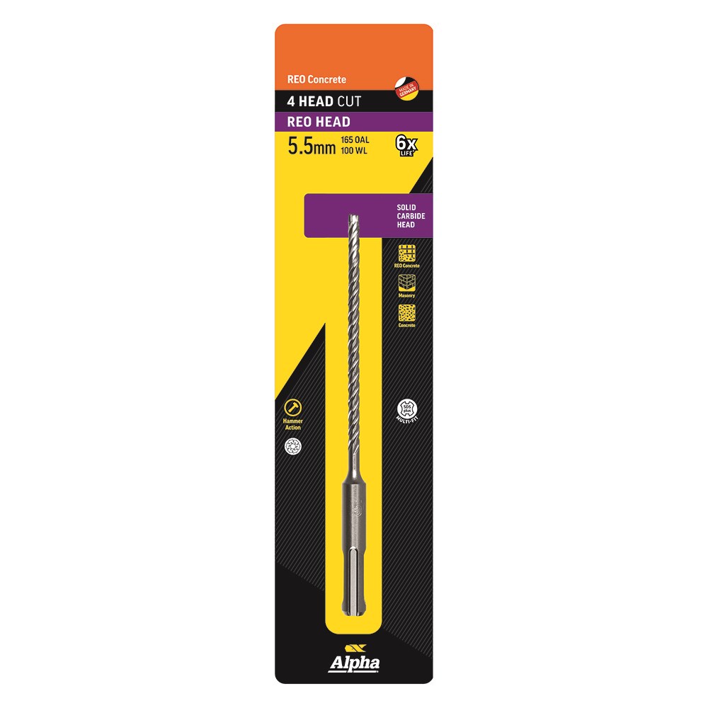 5.5 x 165mm Reo Head SDS Plus 4 Cutter Masonry Drill Carded