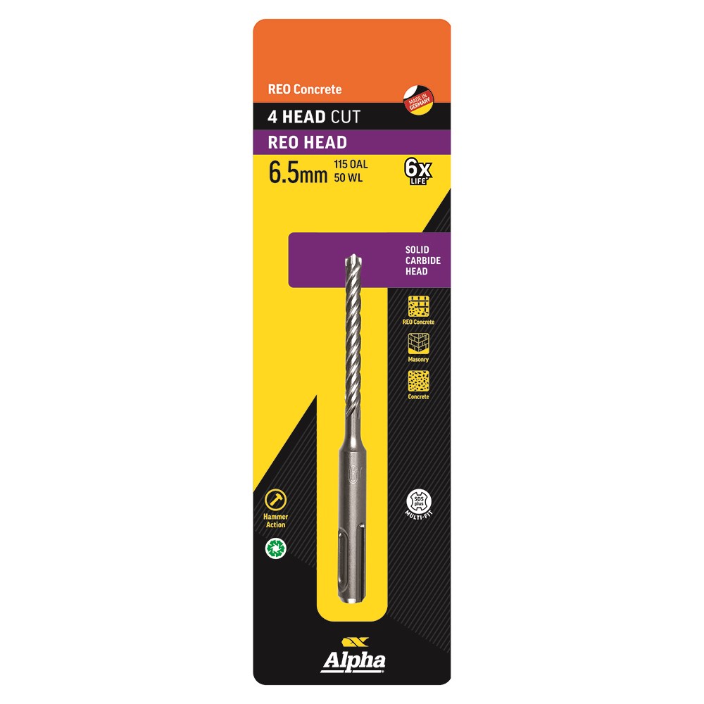 6.5 x 115mm Reo Head SDS Plus 4 Cutter Masonry Drill Carded