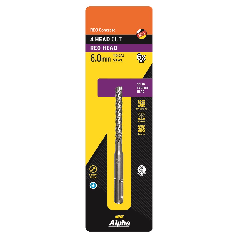 8.0 x 115mm Reo Head SDS Plus 4 Cutter Masonry Drill Carded