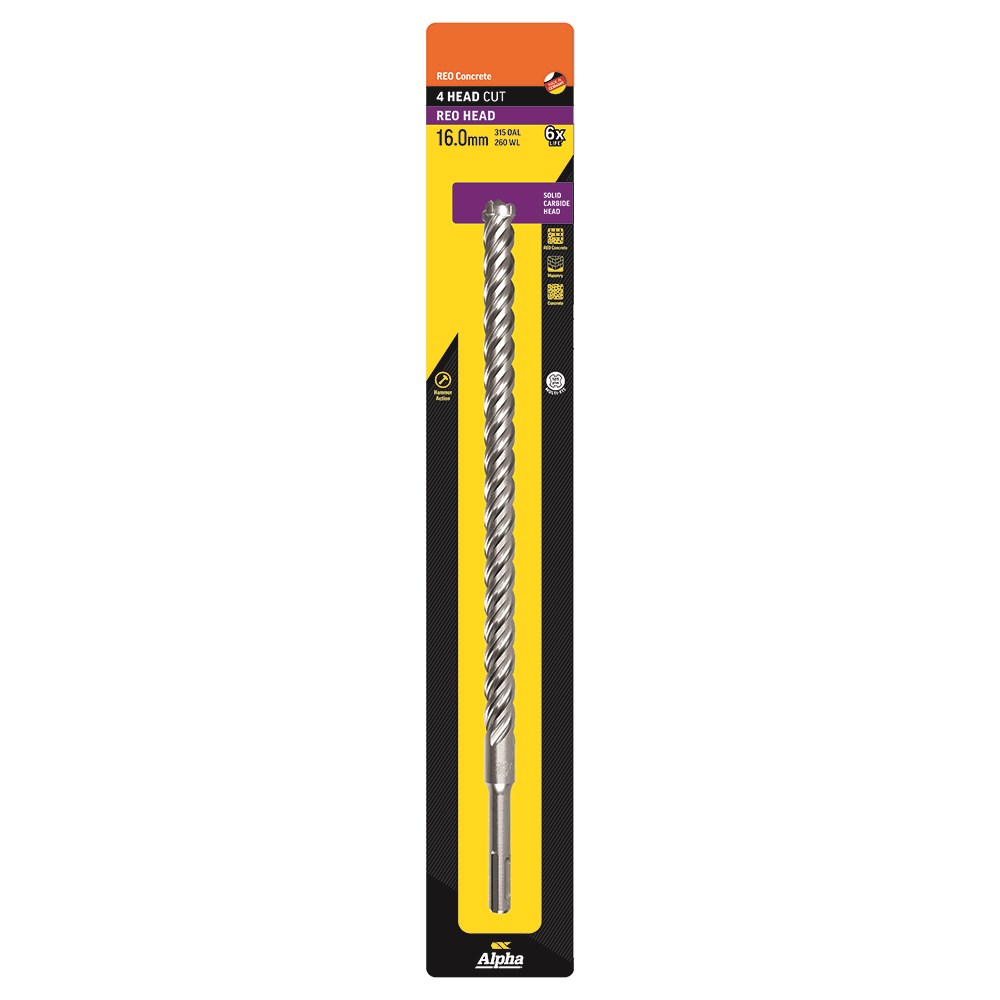 16.0 x 315mm Reo Head SDS Plus 4 Cutter Masonry Drill Carded