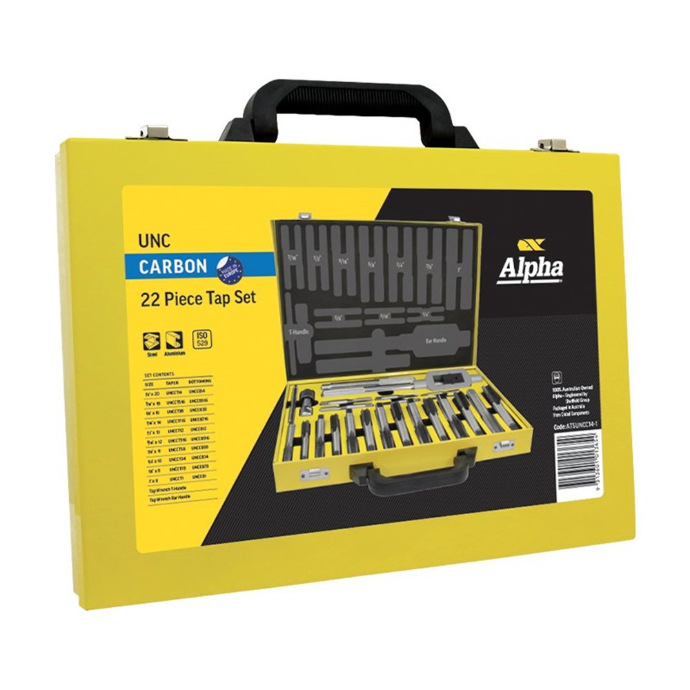 Alpha Tap Set UNC Carbon 1/4 Inch - 1in 22 Piece Metal Box