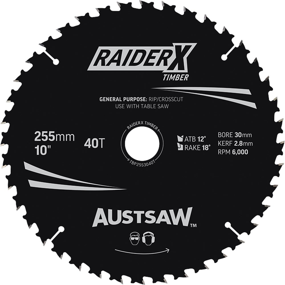 Austsaw RaiderX Timber Blade 255mm x 30 Bore x 25.4mm Bush 40 T Table Saw