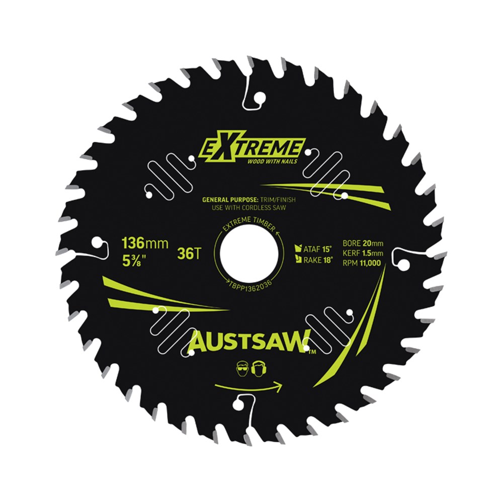 Austsaw Extreme: Wood with Nails Blade 136mm x 20/16 Bore x 36 T Thin Kerf