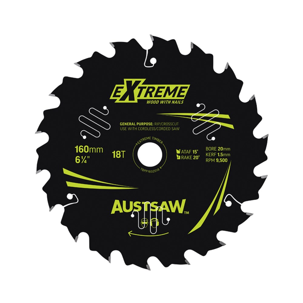 Austsaw Extreme: Wood with Nails Blade 160mm x 20/16 Bore x 18 T Thin Kerf