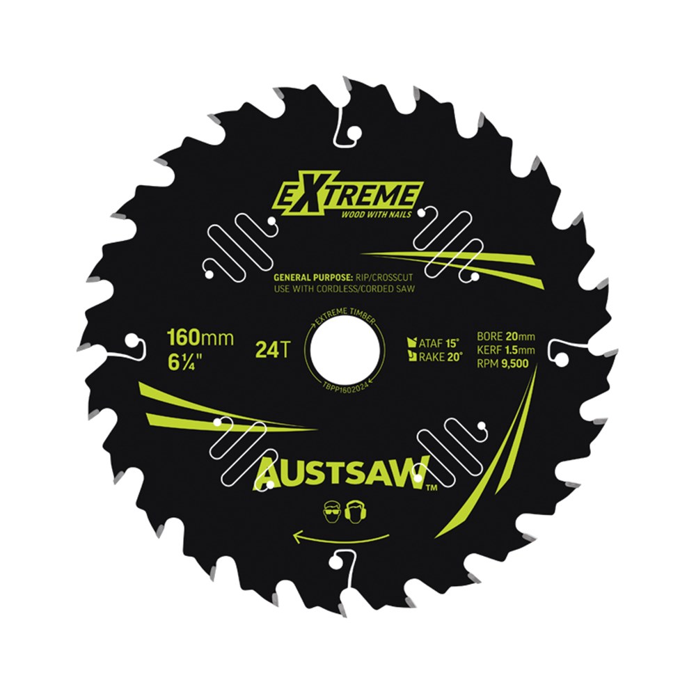 Austsaw Extreme: Wood with Nails Blade 160mm x 20/16 Bore x 24 T Thin Kerf