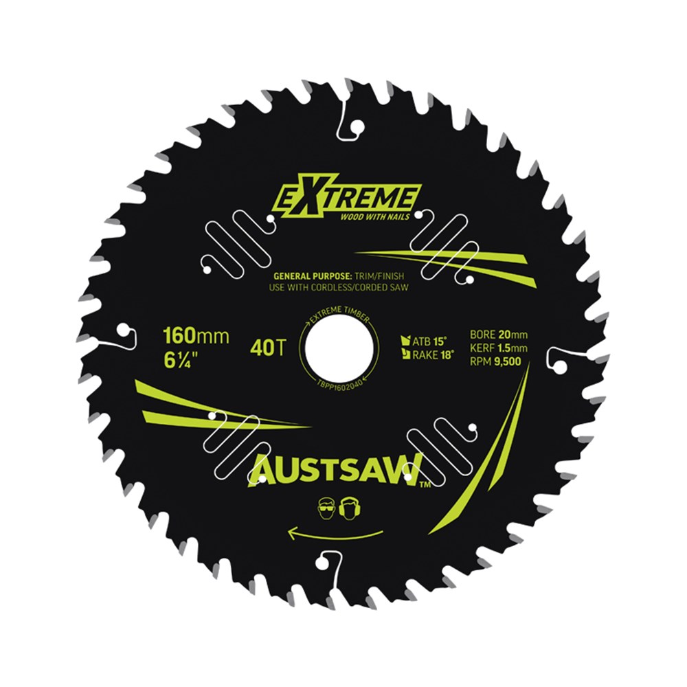 Austsaw Extreme: Wood with Nails Blade 160mm x 20/16 Bore x 40 T Thin Kerf