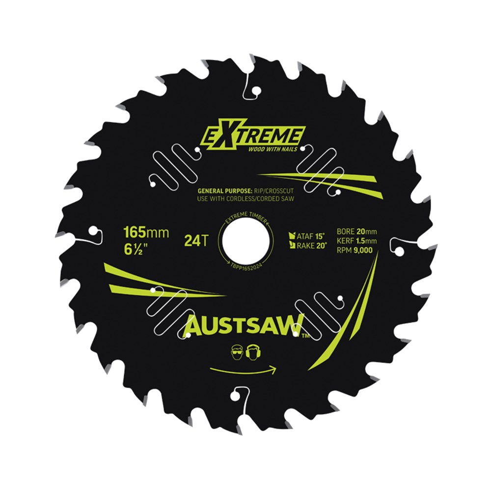 Austsaw Extreme: Wood with Nails Blade 165mm x 20/16 Bore x 24 T Thin Kerf