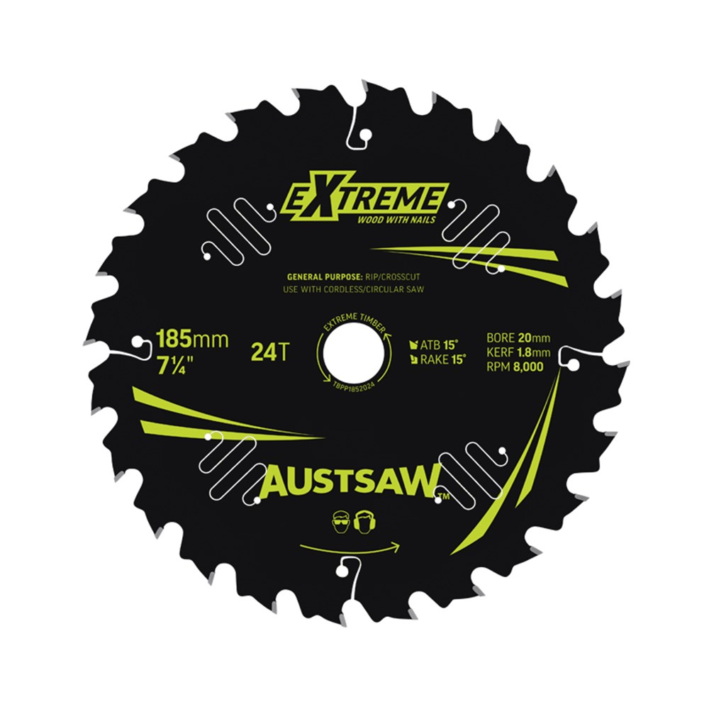 Austsaw Extreme: Wood with Nails Blade 185mm x 20/16 Bore x 24 T