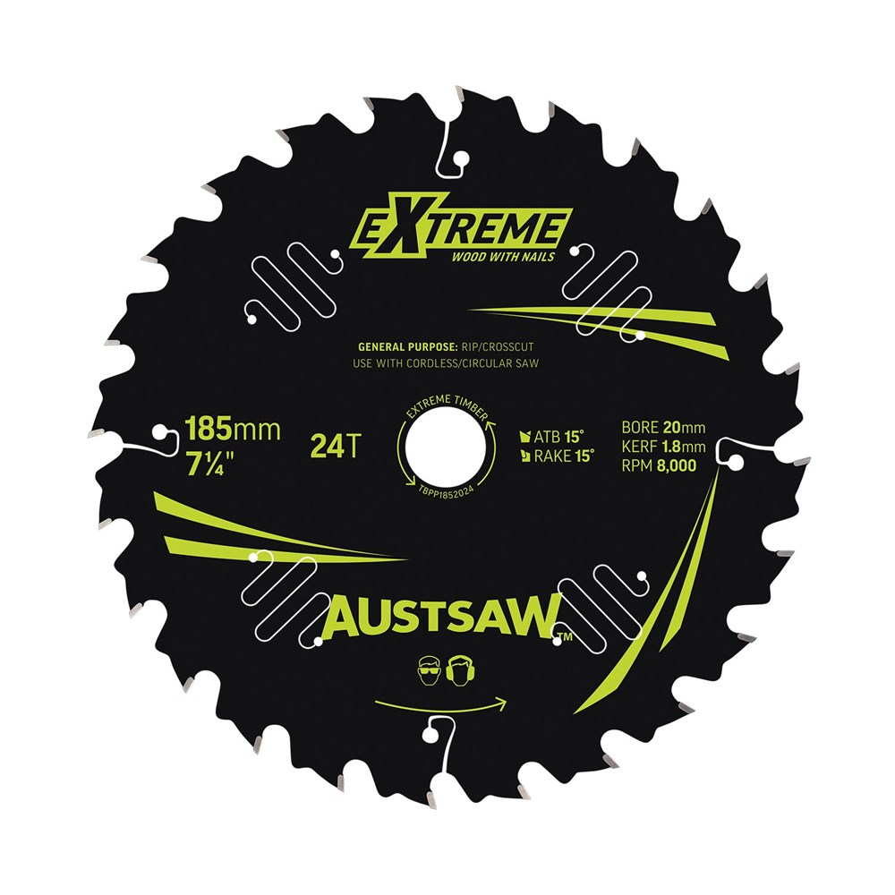 Austsaw Extreme: Wood with Nails Blade 185mm x 20 Bore x 24 T Bulk Pack (x20)