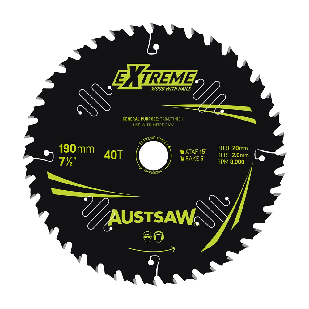 [170-TBPP1902040] Austsaw Extreme: Wood with Nails Blade 190mm x 20 Bore x 40 T Thin Kerf